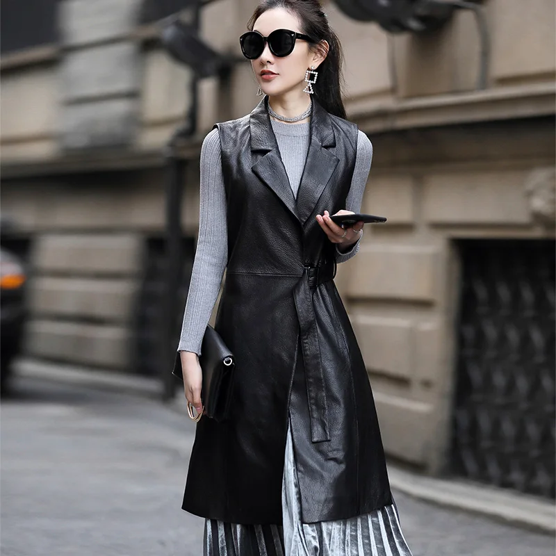 SpringAutumnWomensRealsheepLeatherVestwithBeltSleevelessLong