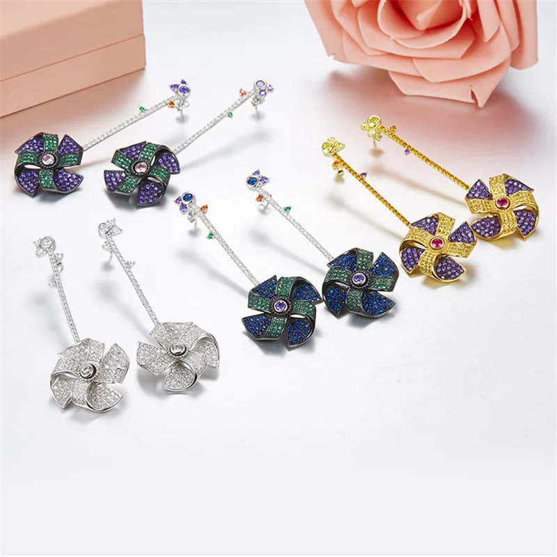 

Fits Monaco Jewelry with Women's Party Gift Charm Accessories 925 Sterling Silver Zircon Fashion Windmill Series Earrings