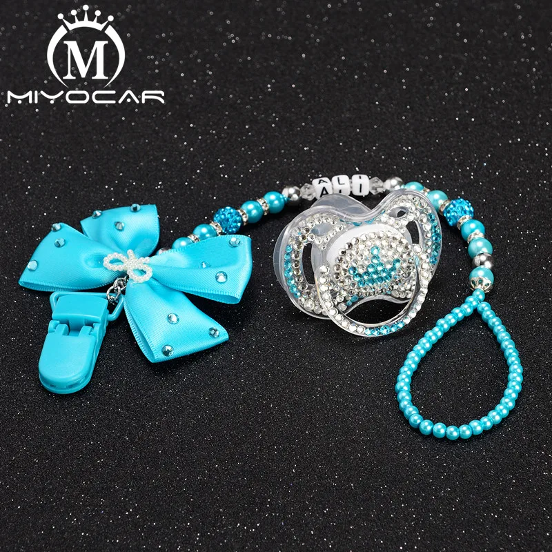 

MIYOCAR Any name blue bow bling rhinestone pacifier clip holder dummy clip with bling king crown pacifier dummy idea gift
