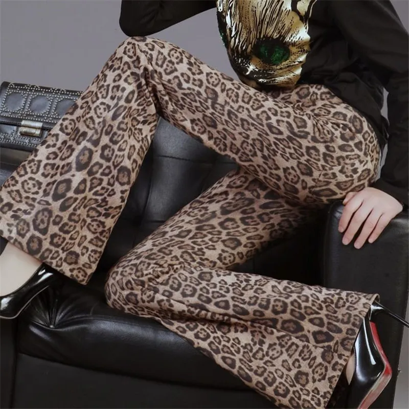 Высокая талия леопардовый принт расклешенные брюки осень зима женские модные сексуальные облегающие брюки Клубные Брюки-клеш уличная одежда