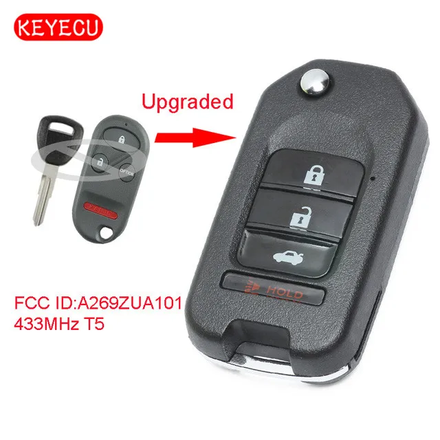 

Keyecu Upgraded Flip Remote Car Key Fob 433MHz T5 Chip for Honda 1998-2002 Accord / 1997-2001 Prelude FCC ID: A269ZUA101