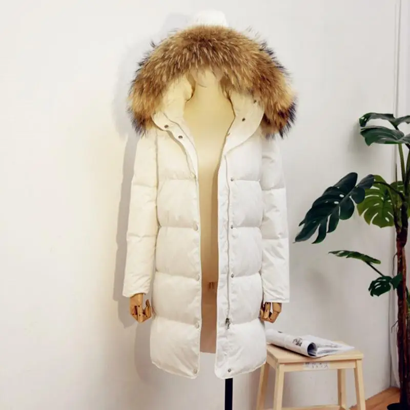 

Winter Women White Duck Down Jacket Warm Thick Large Raccoon Fur Collar Hooded Long Down Coat Female Slim Parkas Outwear SF1078