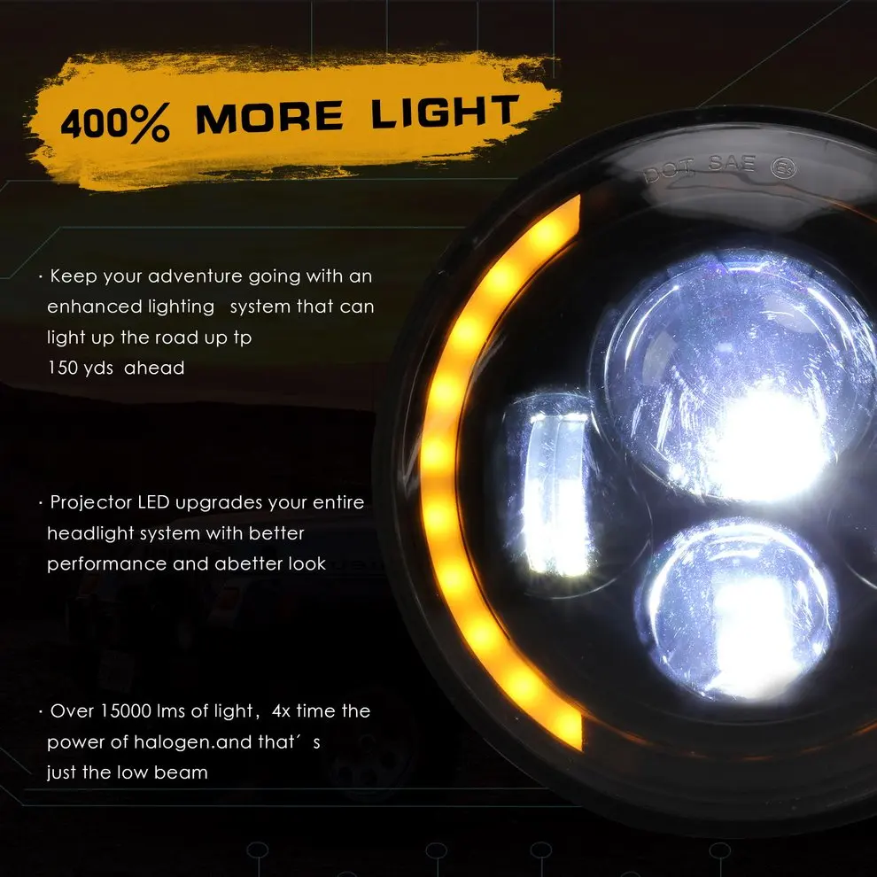 

New Durable Round Black LED Headlight With High Low Beam Turn Signal For Jeep
