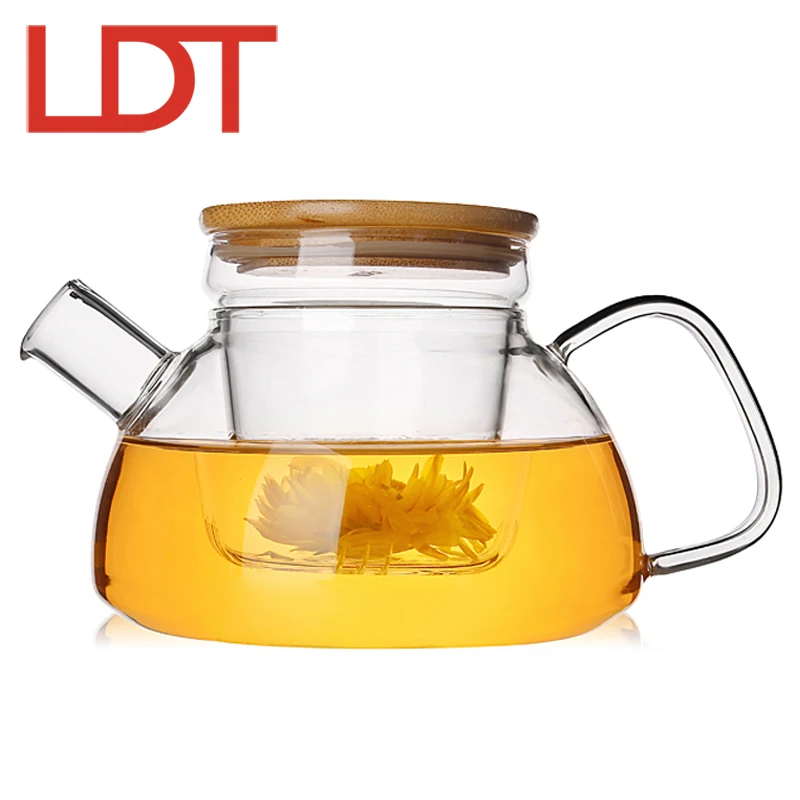 LDT 600ml Handmade Glass Teapot Glass Strainer Bamboo Cover Tea Pot Heat Resistant Glass Teapots Kettle