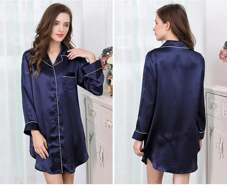 Чистый цвет 100% шелк ночные рубашки женские благородный шелк ночные сорочки высококачественные пикантные с длинными рукавами женские