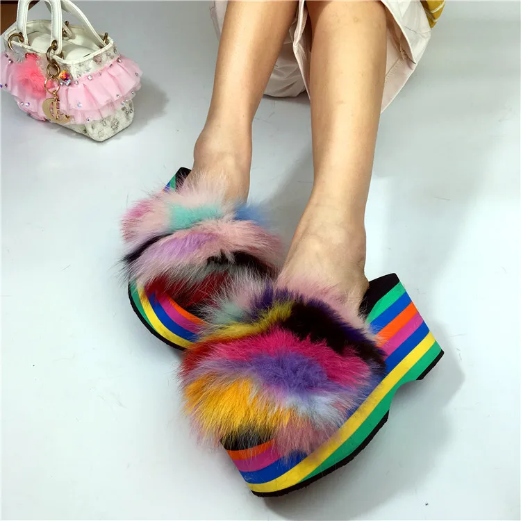 

Womens Rainbow Colors Fur Decor Slipper Platform Muffin Super High Wedge Heel Shoes Slides Slingback New A43