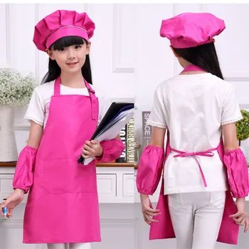 

Children art Kitchen Aprons Waists 9 Colors Kids Aprons with Sleeve&Chef Hats for Painting Cooking Baking 4 pcs/set