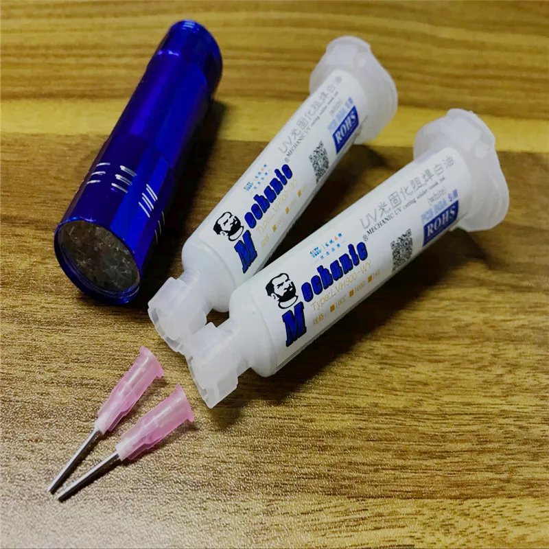 

Free shipping 2pcs white UV Curable Flux mask + needles+UV lamp Mask 10CC for PCB Circuit board protect Soldering Paste Flux oil