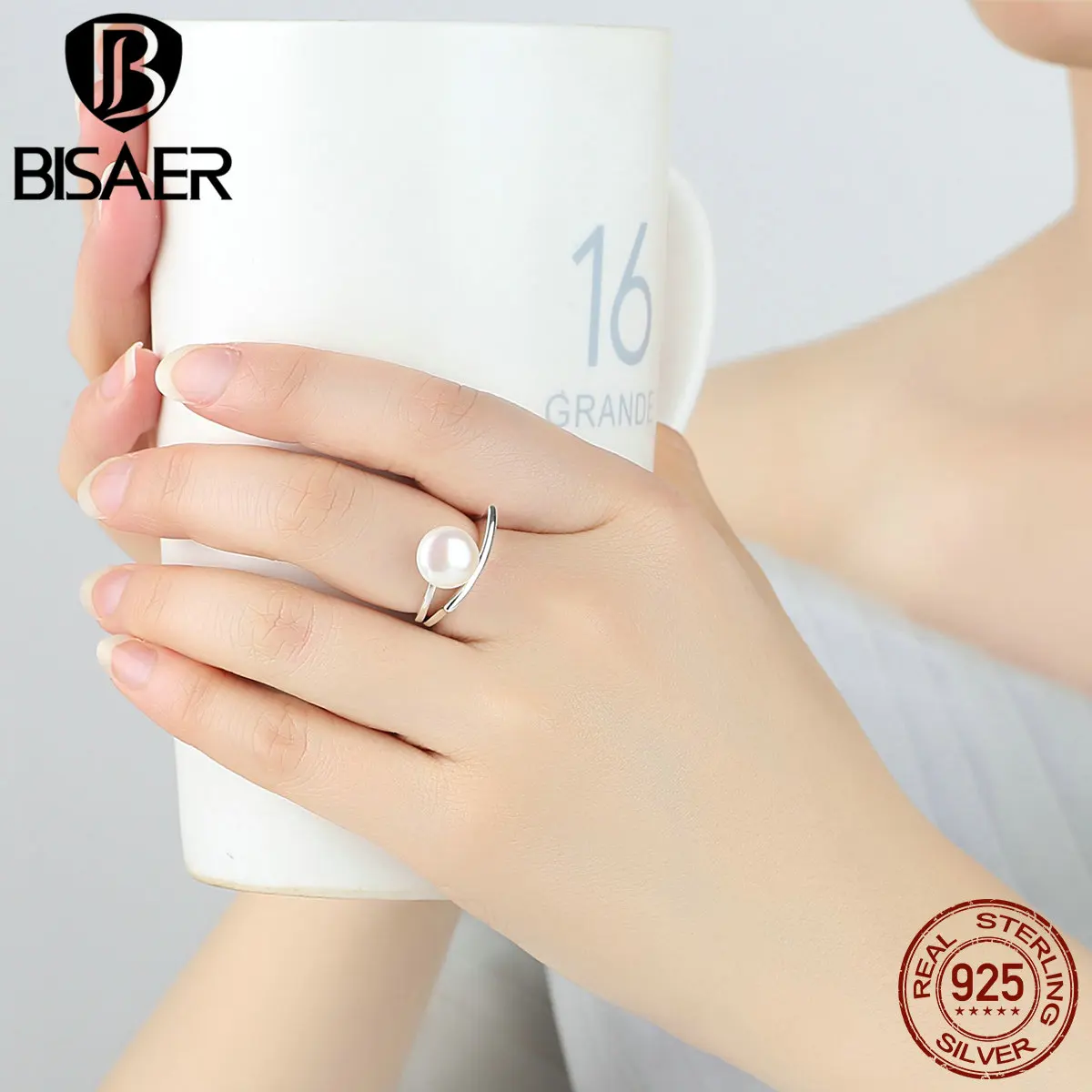 BISAER, настоящее 925 пробы Серебряное женское кольцо с пресноводным культивированным жемчугом, Женское Обручальное кольцо, обручальное кольцо, ювелирное изделие, S925