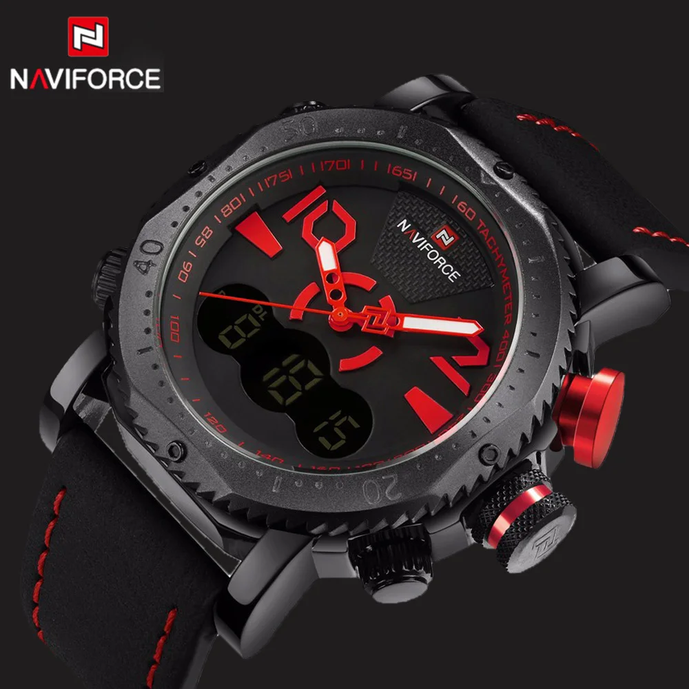 NAVIFORCE 2018 Brand Waterproof Men Leather Sport Military Watch Dual Time Quartz Analog Wristwatch