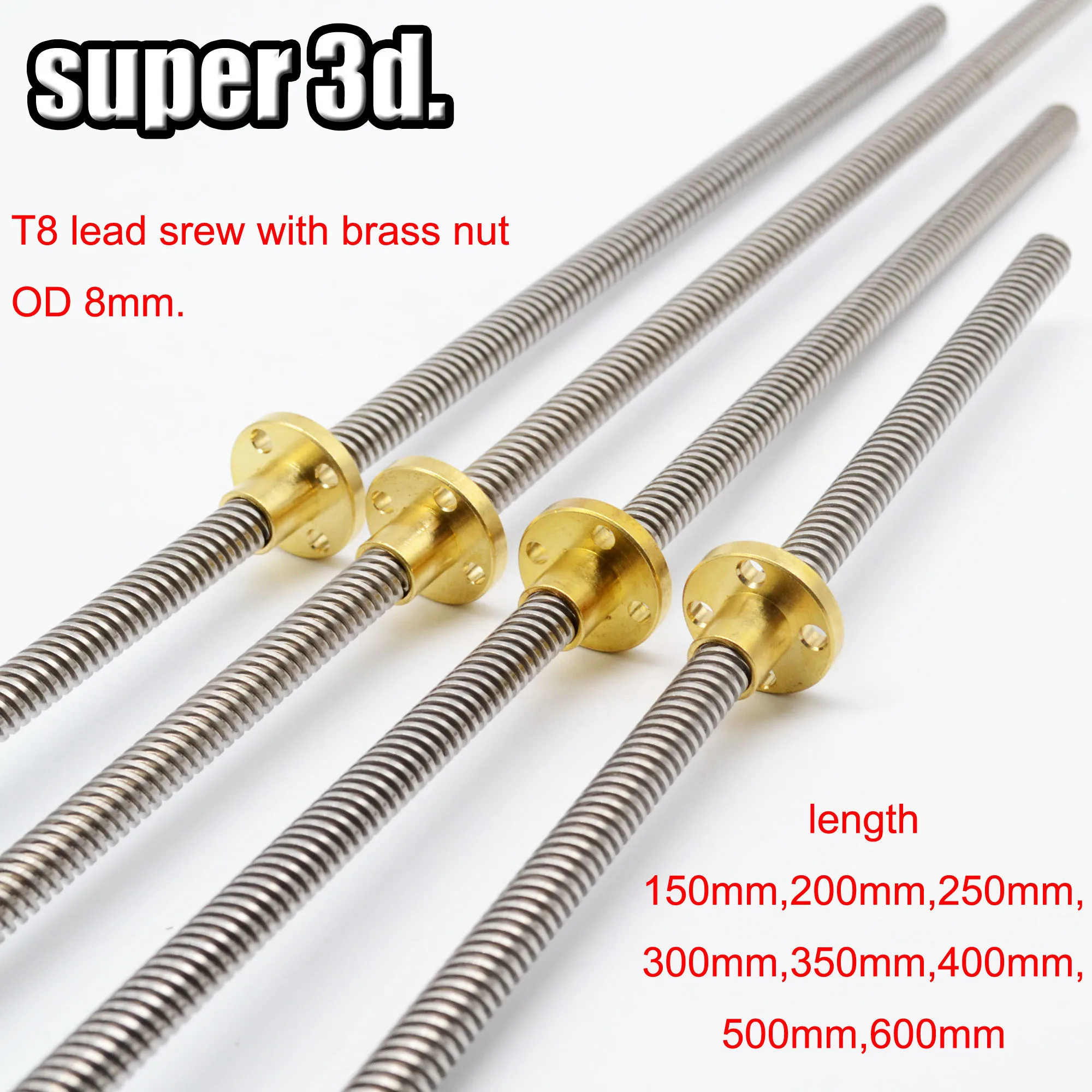 T8 Lead Screw Rod OD 8mm Pitch 2mm Lead 8mm Length 150mm 500mm Threaded Rods with Brass Nut for