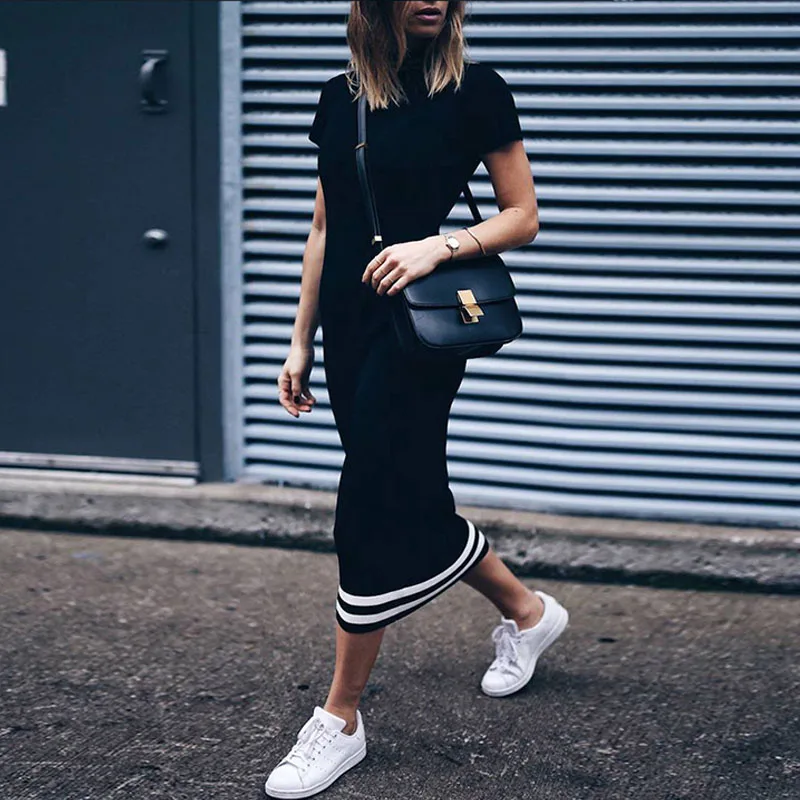 

Fashion Women Slim Long Dress Striped Short Sleeves O Neck Tight Sporty Pencil Dress Women Summer Casual Bodycon Tshirt Dress