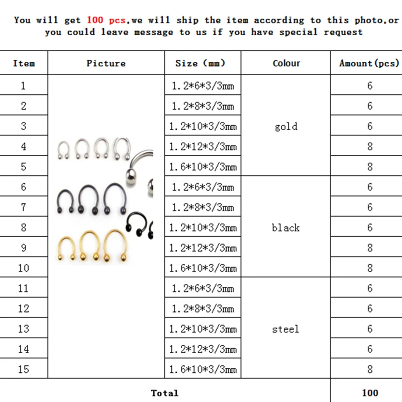 100 шт./лот Хирургические 3 разных цвета Пирсинг нос кольцо мяч подкова круговое кольцо Лабрет ниппель обручи пирсинг брови носа