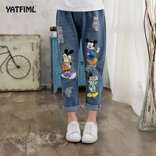 YATFIML/брюки с героями мультфильмов; модные джинсы для девочек; детские джинсы с дырками для подростков; Детские модные джинсовые брюки; Джинсовая одежда для малышей