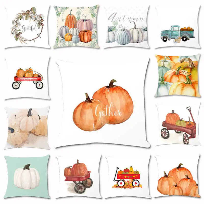 

Pumpkin Autumn Harvest Halloween Decorative pillow case Watercolor Art Cotton Linen Home Throw Pillow Cover @A