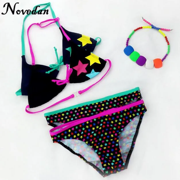 

2017 New Summer Bathing Suit Girls Black Split Two Pieces Kids Swimwear Children Star Print Split Bikini Girl Swimsuit Wholesale