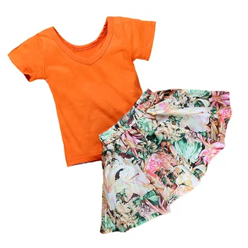 

Summer Casual Style Kids Girls Clothing Sets Cotton Short Sleeve Orange T-Shirt+Flower Dress 2 Pcs Girls Clothes Skirts Suits