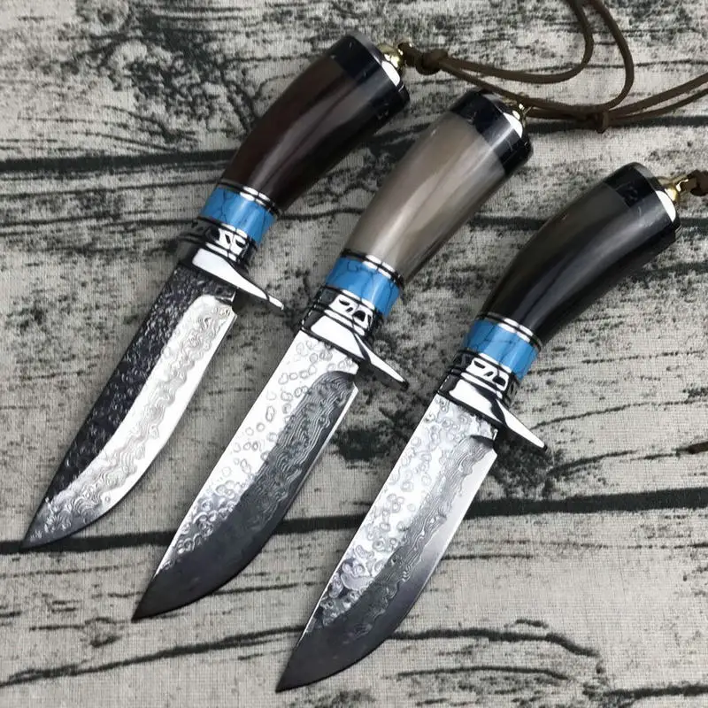 

TRSKT Damascus Collection Knife Survival Knives Camping Ox horn + Color stone Handle Outdoor Rescue ,Fruit knife Dropshipping