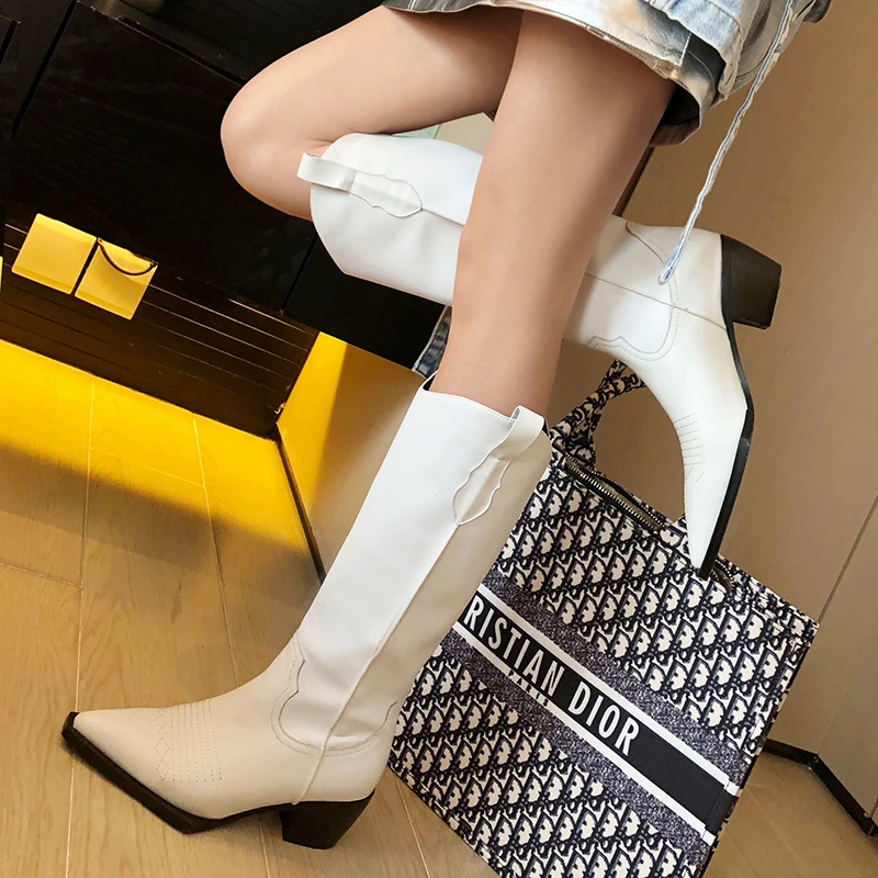 

Genuine Leather Women Knee High Boots Black Martin Boots Botas Knee Boots for Women Spring Fall Dress Party Platform Pumps