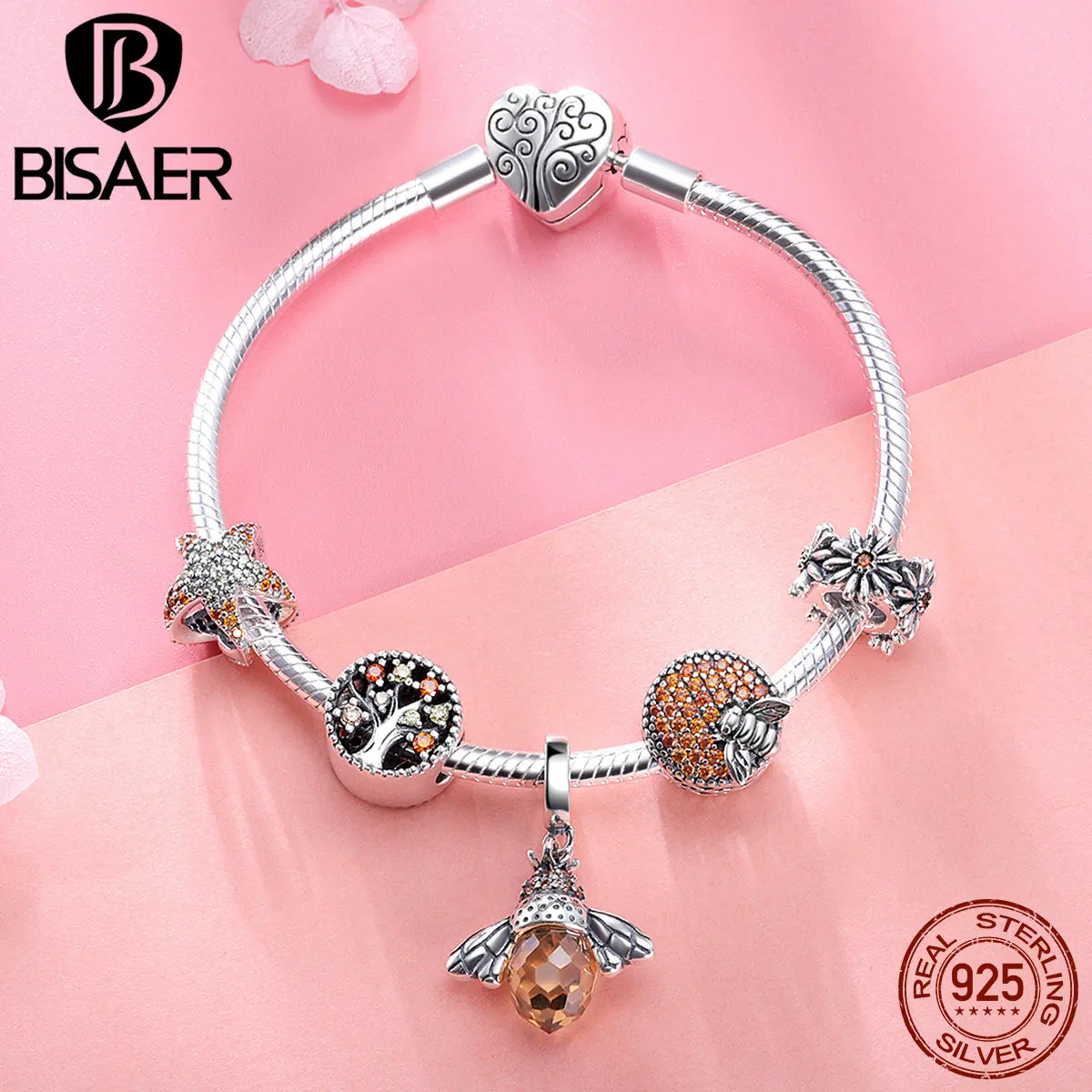 BISAER 925 пробы Серебряная пчела коллекция насекомых CZ PAVE Bee браслет с подвеской для женщин бренд браслет GXB805