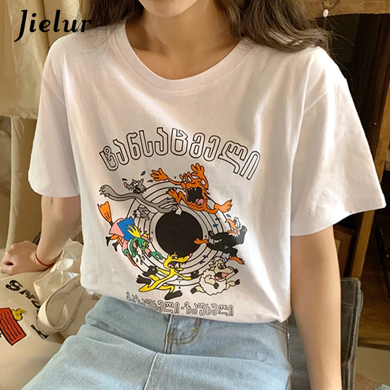 Jielur Ulzzang футболки женские смешной мультяшный принт шикарно простая футболка