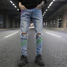 Мужские женской модной обуви спрей-чернила джинсы с рисунком «граффити» мужские Стрейчевые джинсы-скини джинсы с принтом «граффити»; джинсы