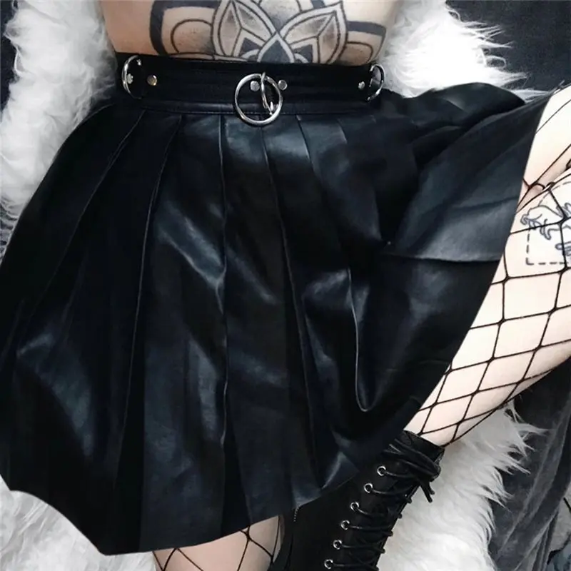 Летняя мини-юбка плиссе из искусственной кожи, женская сексуальная Готическая школьная уличная одежда с высокой талией, модные черные вечерние панк, искусственная кожа, юбки