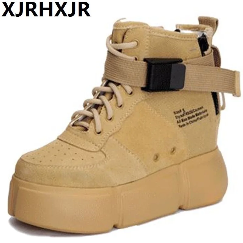 

XJRHXJR Brand Women Ankle Boots Platforms Shoes Woman 8CM High Heels Inside Height Increasing Faux Suede Boots Sneakers 34-39