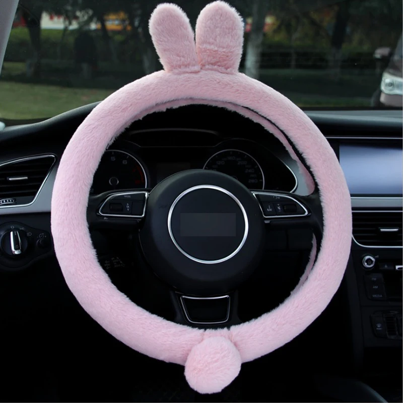 

1 PC Pink Grey Plush Rabbit Car Steering Covers Autumn Winter Plush 38cm Cute Animal Warm Steering Covers Case Car Accessories