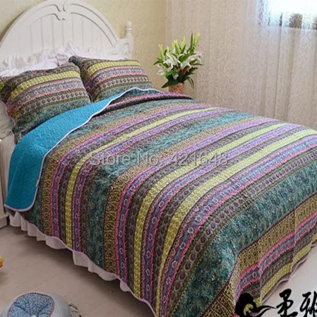 

Free shipping boho bedding cotton 3 pcs turquoise quilt mediterranean style exotic atmosphere applique handmade patchwork quilt