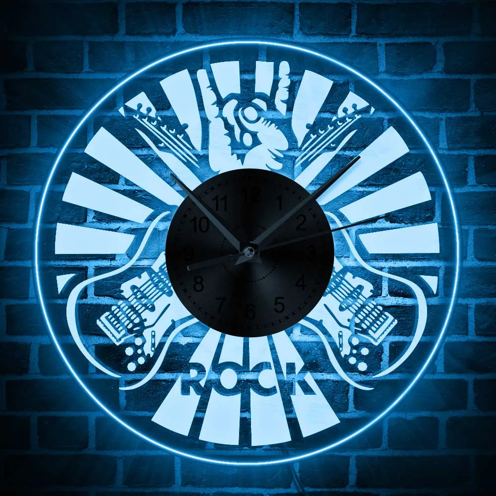 Transparent Clock LED Lighting 3D Wall Clock Rock Music Theme Time