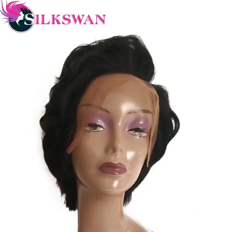 Silkswan природного короткие волны вырезать эльфа парики бразильский человеческих Волосы remy индивидуальные кружева парик для черный Для