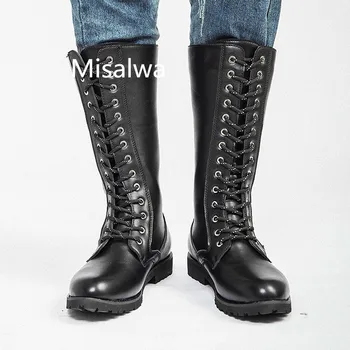 

Misalwa Motorcycle Boots Mens Lace up Mid-calf Military Combat Boots Designer Black Leather Large Size 38-45 Spring Army Boots