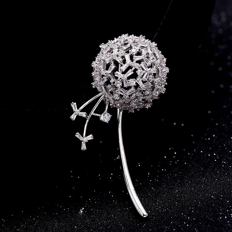 CZ Одуванчик броши булавка в серебряный тон длинный стебель росток Tinny камень сферической формы тараксакум цветок брошь 002213