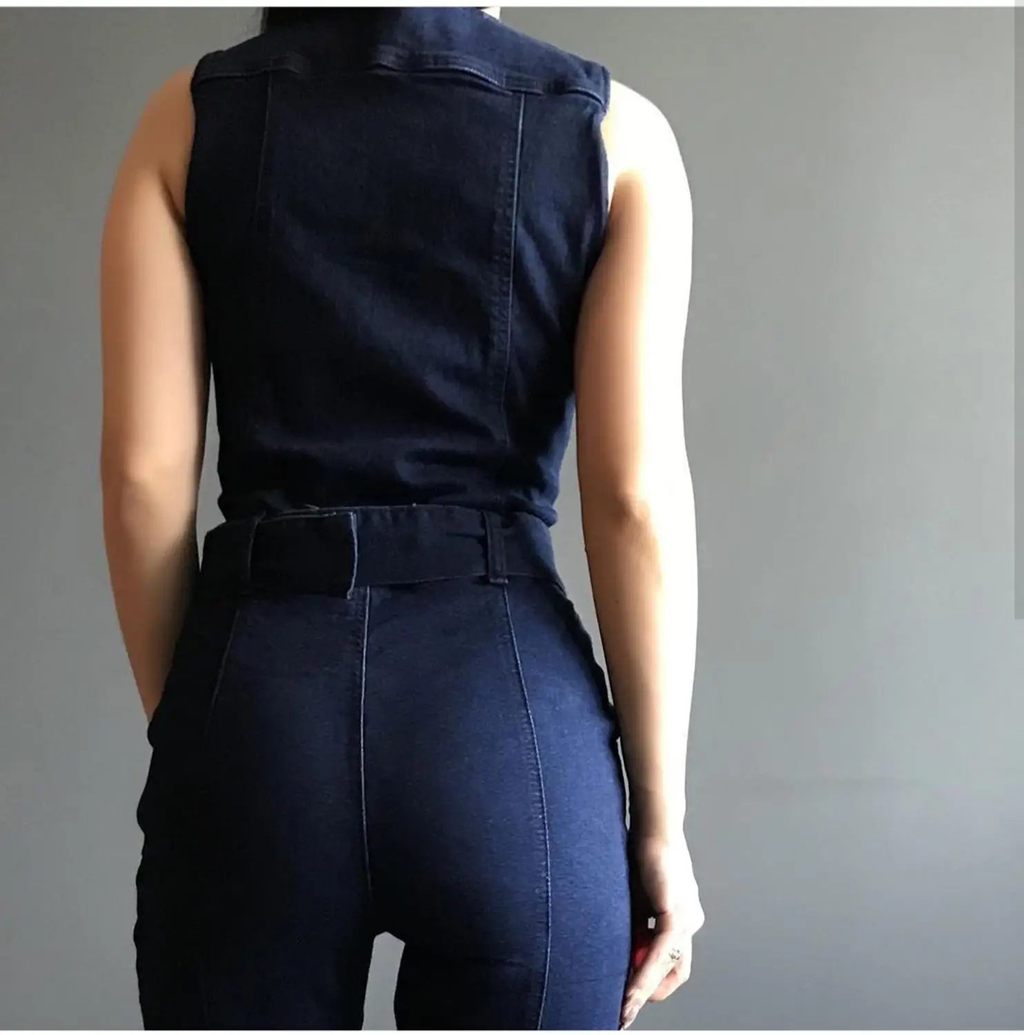 Obrix летний весенний джинсовый женский комбинезон без рукавов с поясом Длинный прямой синий комбинезон для женщин