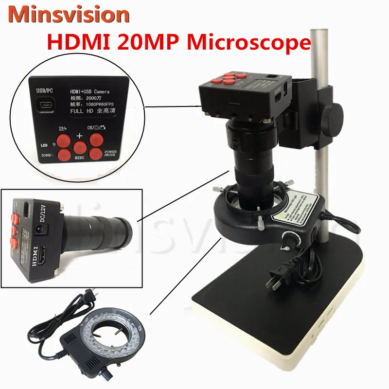 

HD 20MP Microscope Set HDMI VGA Industrial Microscope Camera 100X C Interface 56 LED Ring Light Stand Phone PCB Repair Magnifie