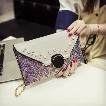 

QIAOBAO 2020 New Vintage Beaded Handbag Package Women Fashion Sequins Envelope Bag Personality Clutch Purse Leather Top Quality