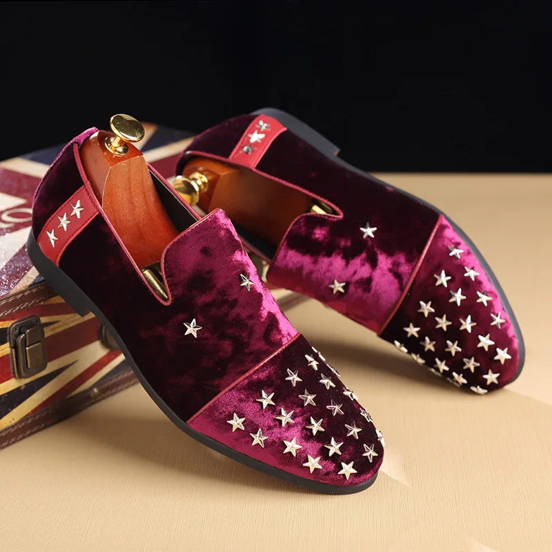 

2018 New Men's Metal Star Decoration Formal Dress Party Shoes Black Pink Suede Leather Loafers Fashion Night Club Shoes