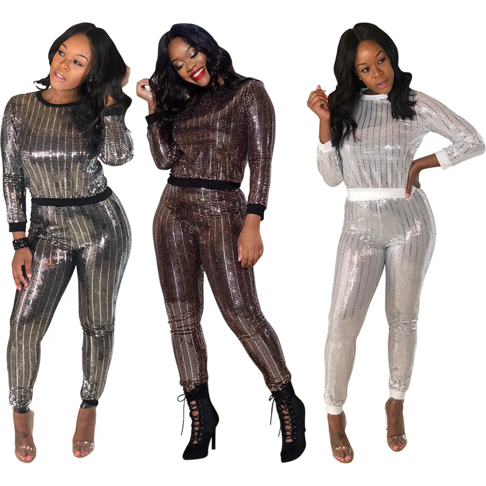 

2019 New Arrival Nightclub Women's Wholesale Sexy Sequins Long Sleeve Multicolor Set S-2xlt Shirt + Pants Women's Sets