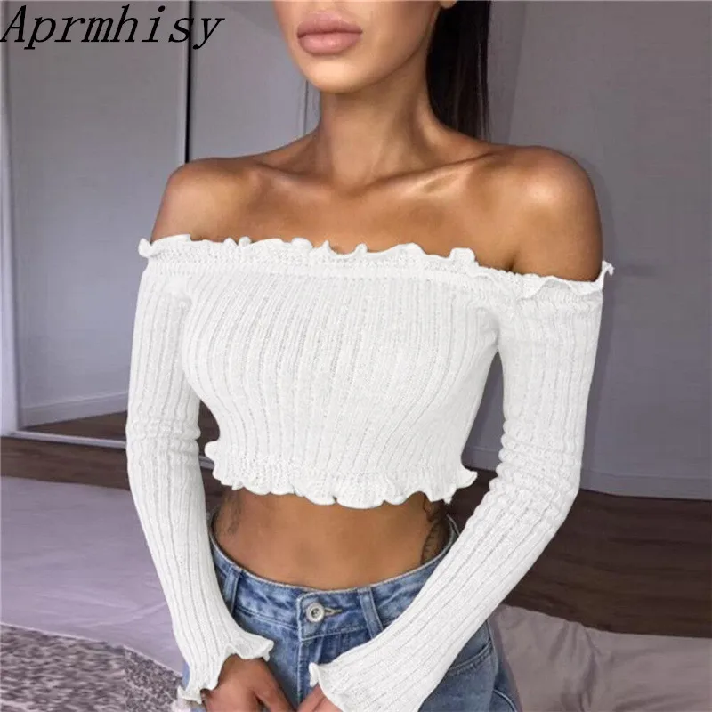 

Aprmhisy Black White Knitted Crop Top Women New 2018 Autumn Long Sleeve Basic T-shirt Streetwear Tops Tees