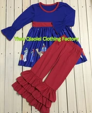 Baby Girl Fall Cartoon blue nativity Christmas outfits Children Boutique Clothing Set