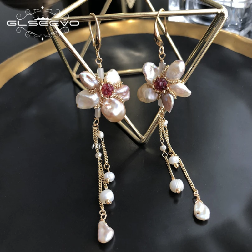 

XlentAg Natural Fresh Water Baroque Pearl Flower Dangle Earrings For Women Long Tassel Drop Earrings Fine Jewelry Brincos GE0485