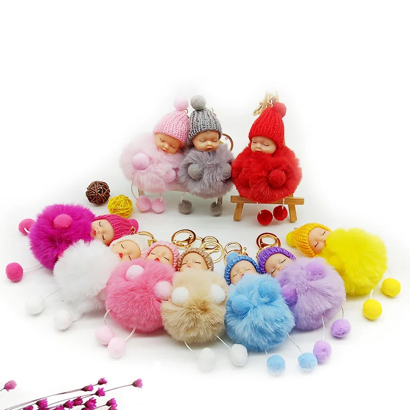 

10 PCS a SET Sleeping Baby Doll Keychain foot doll Pompom fake Rabbit Fur Ball Key Chain Car Keyring Women Key Holder Bag pompom
