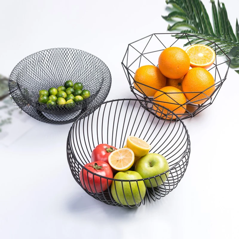 

Iron Fruit Desktop Storage Basket For Home Round Wire Snack Organizer Kitchen Decoration Wrought Hollow Creative Baskets