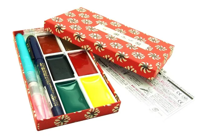 Kuretake Little Red Gift Set-6 Watercolor Palette + Fine Brush Pen + Water Brush Pen
