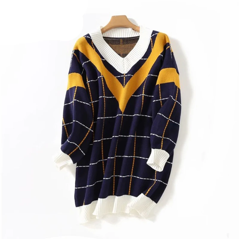 

HSA 2018 Autumn New Women Sweater Dress V neck Loose Sweater and Pullover Jumpers Patchwork Plaid Long Sweaters roupas femininas