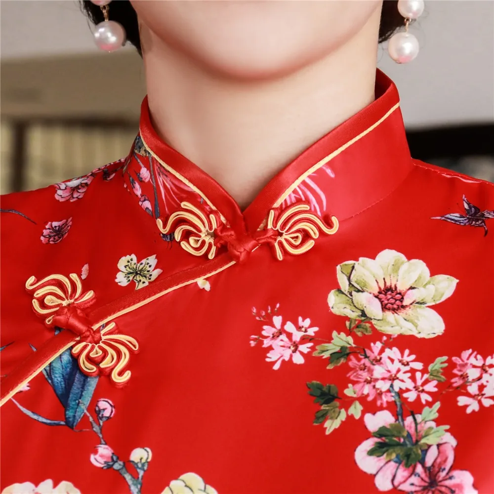 Шанхай история короткий рукав цветочный Qipao длиной до колена cheongsam платье китайский Восточный платья для женщин