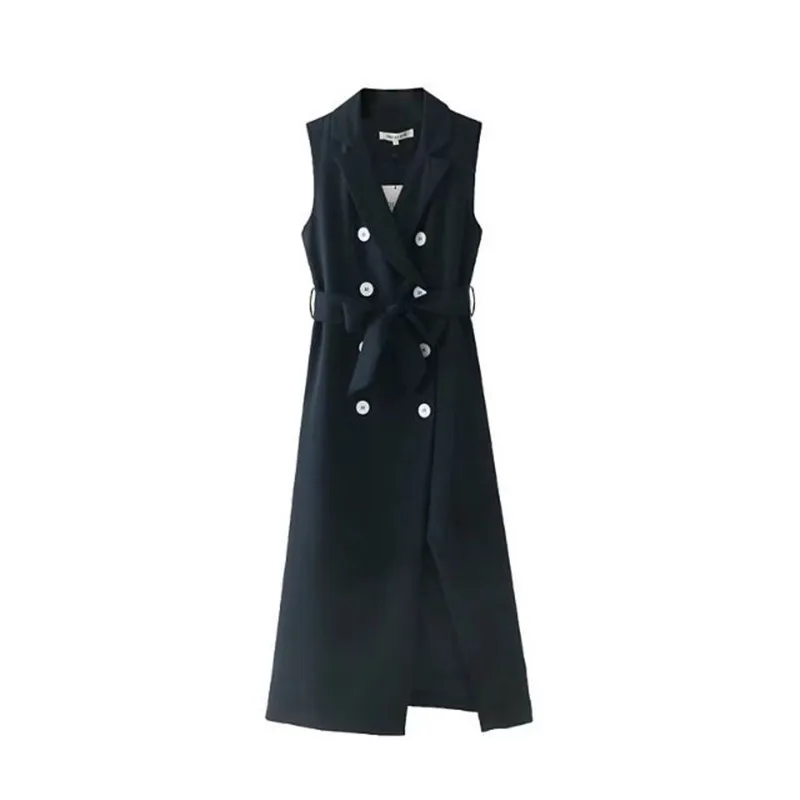 

2019 women clothing sleeveless Double breasted belt split solid tank midi dress Female vintage fashion slim long vest dresses