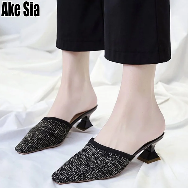 

Graceful Woven Knit Square Toe Women's Fashion Half Med Chunky Heels Mules Loafer Lady Casual Slippers Slides Sandals Shoes A863