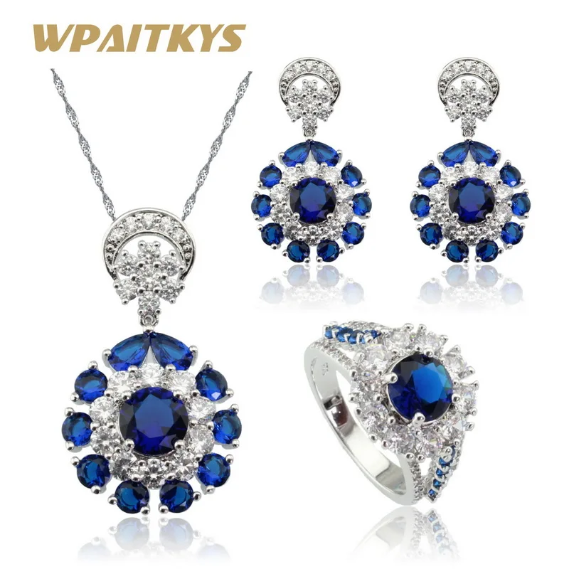 

WPAITKYS Flower Blue Red Green Crystal Silver Color Jewelry Sets For Women Necklace Pendant Earrings Rings Free Gift Box